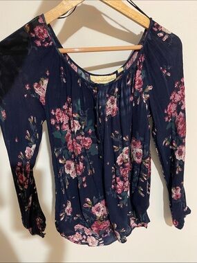 H&M Navy Floral Button-Front Peasant Blouse